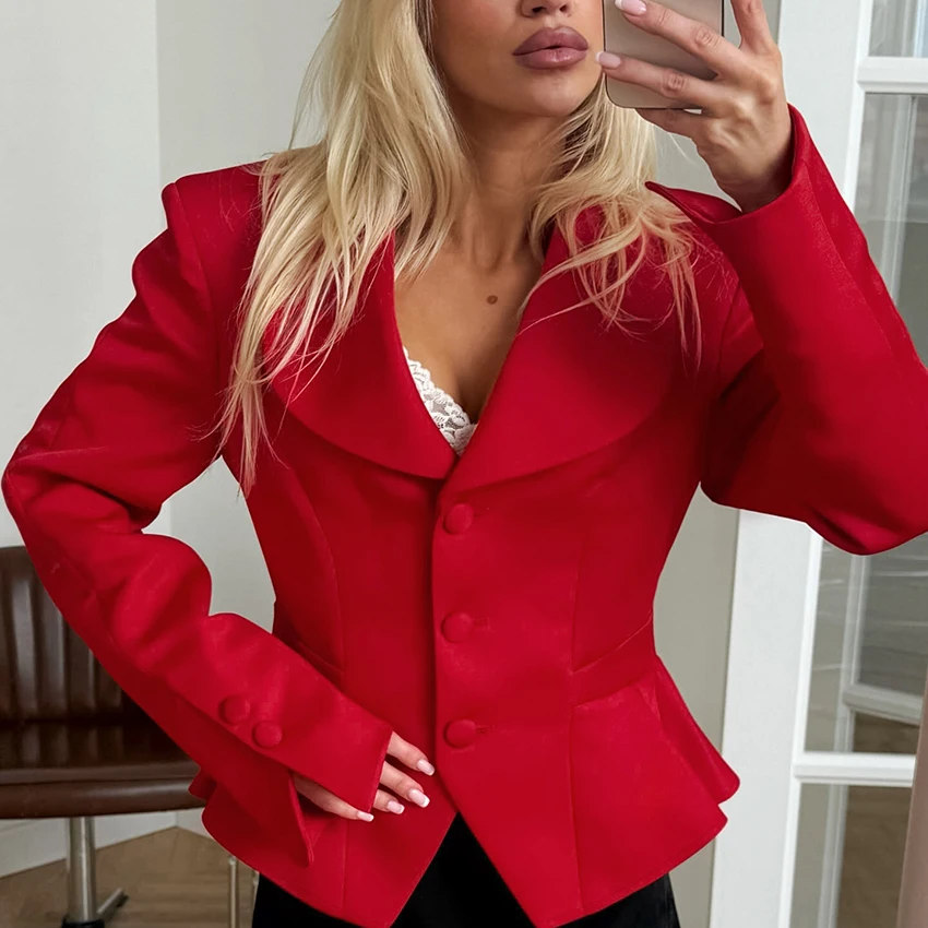 Linad Elegant Red Notched Collar Coats Female 2026 Street Chic Slim Single Breasted Outerwear Fashion Split Long Sleeve Jackets