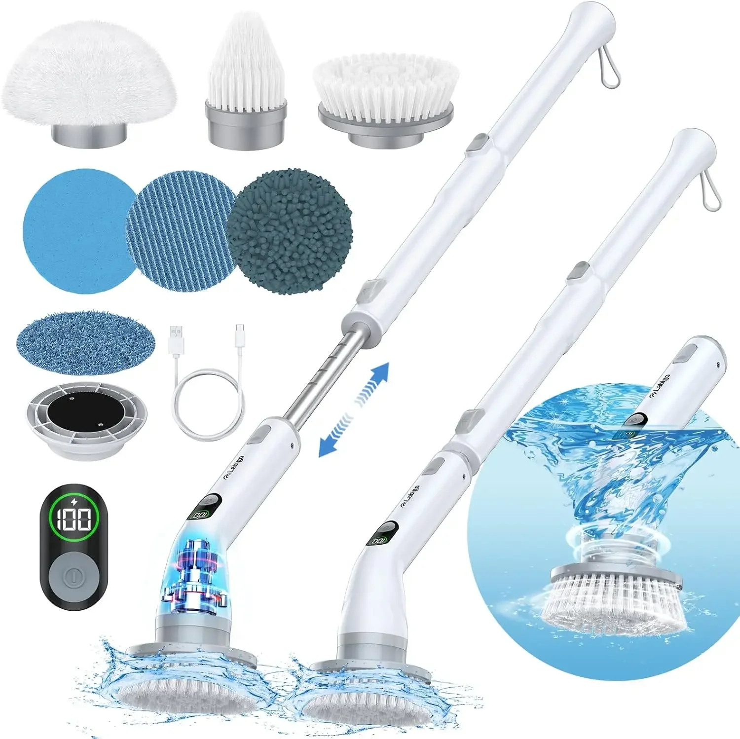 Dual Speed Bathroom Scrubber with Display & 6 Replacement Cleaning Heads, Cordless Power Scrubber with Adjustable