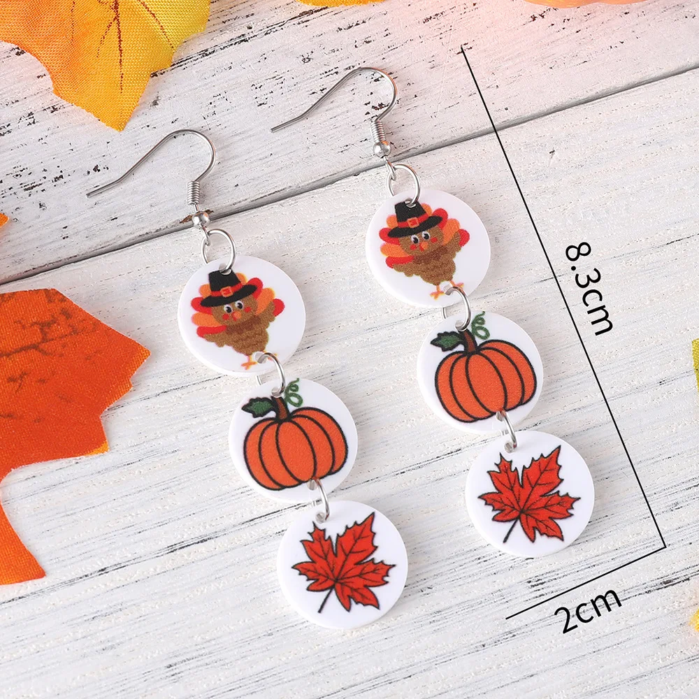 Thanksgiving Day Series Earrings Pumpkin Maple Leaf Triple Pendant Acrylic Disc Earrings Trendy Jewelry Presents