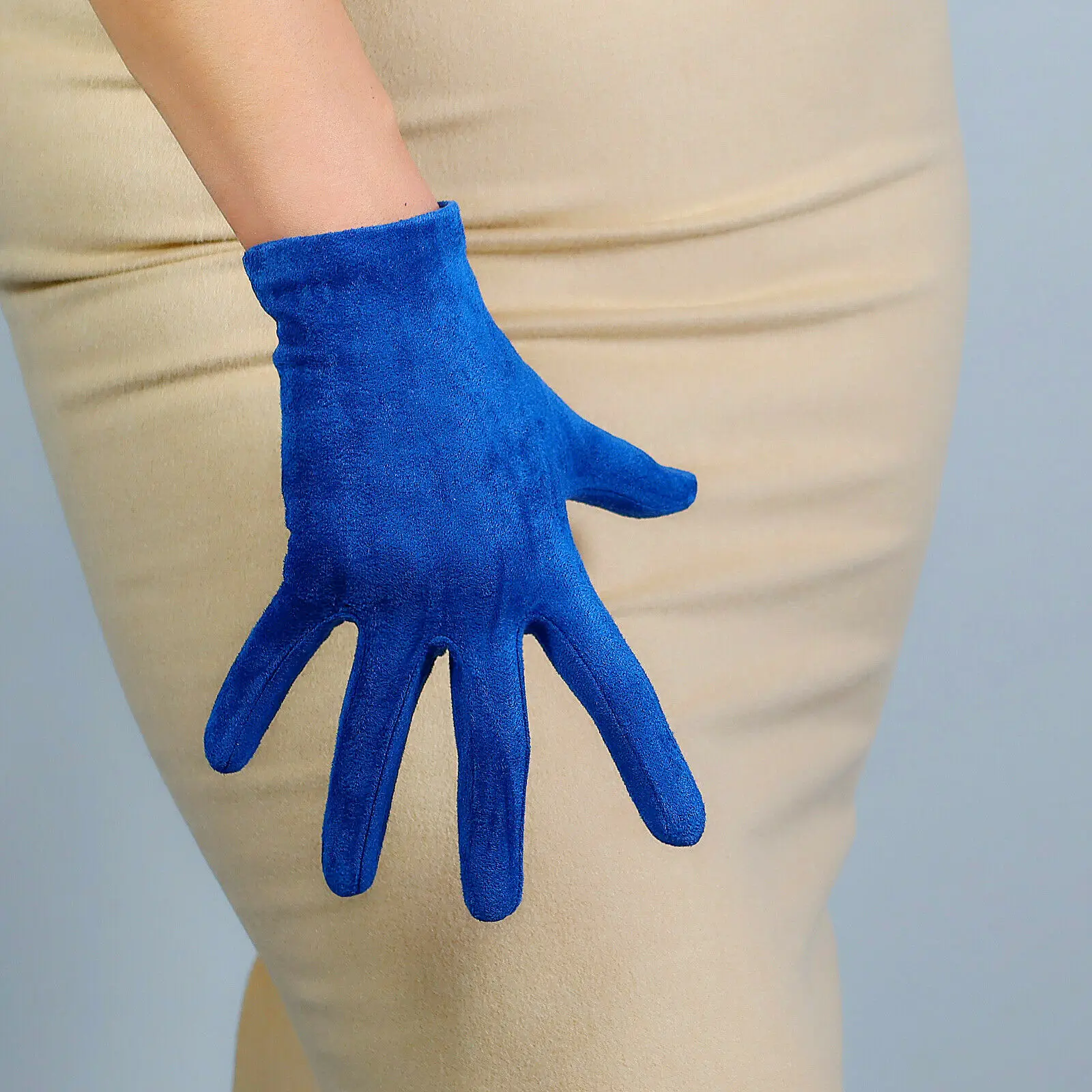 Suede Gloves Faux Leather 21cm Double-faced Suede Short Royal BLUE Stretchy Warm Wedding Evening Full Finger Costume Party Glove