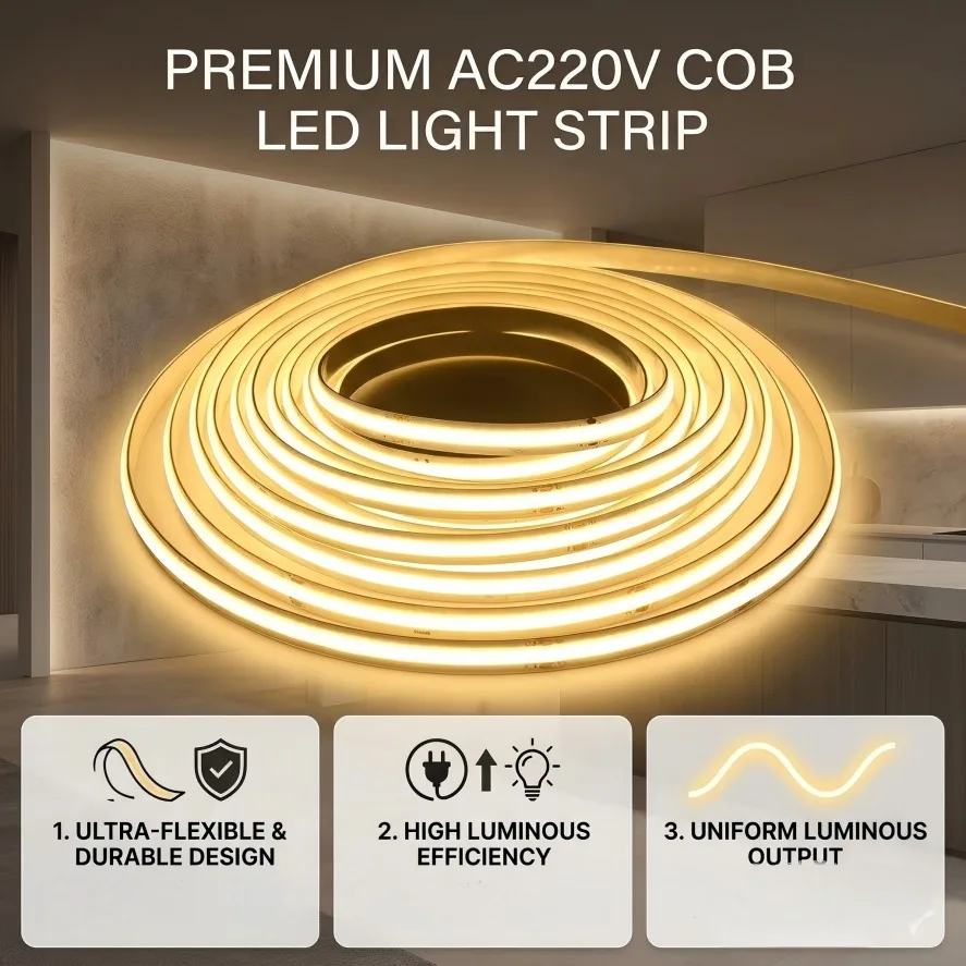 220V COB LED Strip Light Flexible Tape Lights Smart IC No Need Driver High Bright 240 LEDs Linear Lighting RA95 Warm White 1-5m
