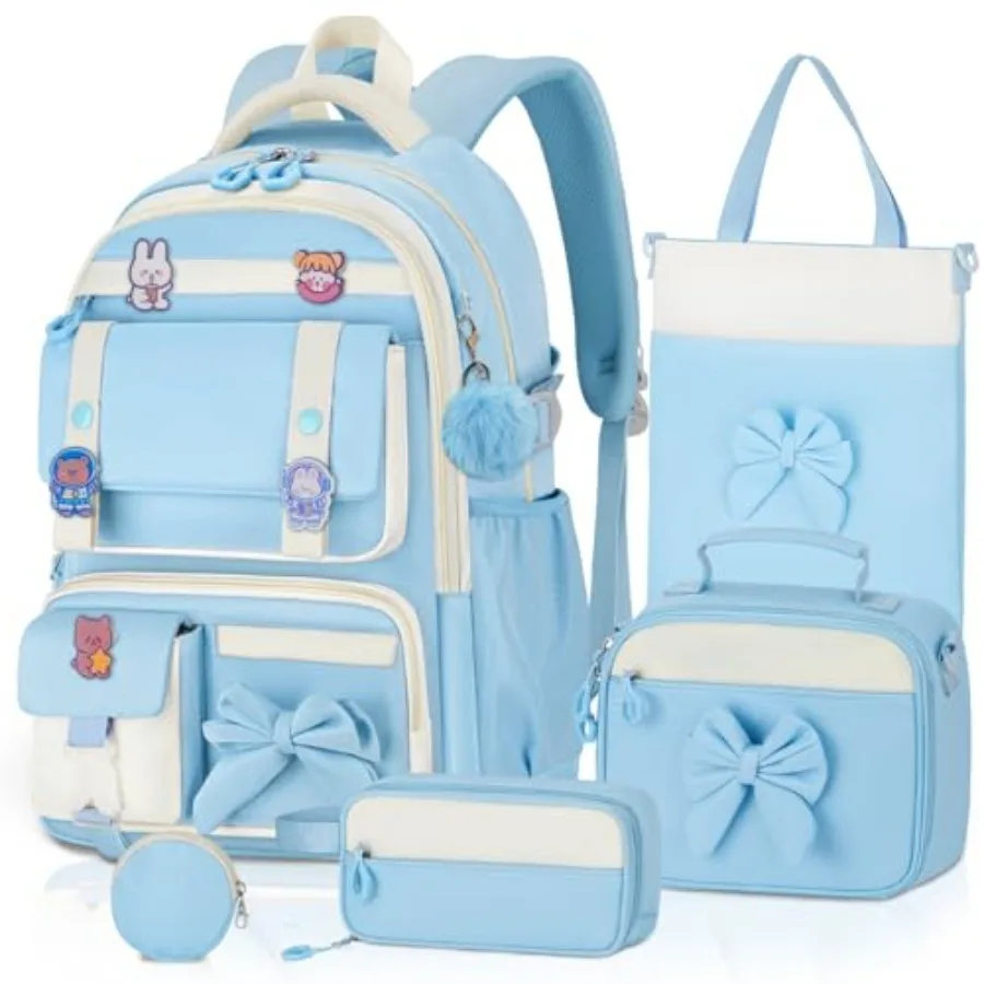 

5pc Cute Girls Backpack with Lunch Box Set Kawaii Aesthetic Bookbag School Backpack for Teen and Elementary