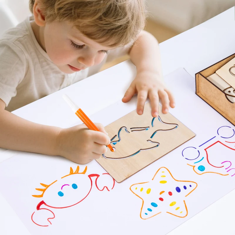 Montessori Scatola di legno per bambini Tavolo da disegno Giocattoli Pittura fai da te Stencil Modello Giocattolo artigianale Puzzle Giocattolo educativo per regalo per bambini