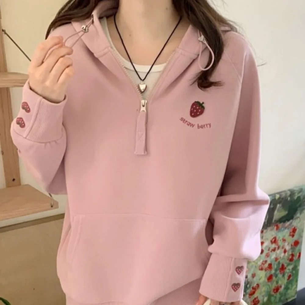 Women's Hoodies Kawaii Comfortable Japanese Style Embroidery Strawberry Letter Sweet Girls Fashion Students Hooded Casual Zipper