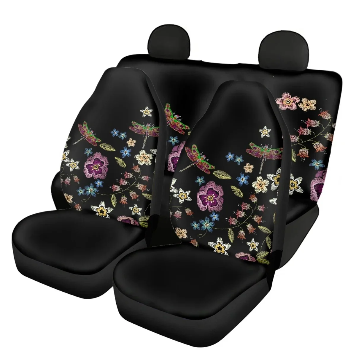 Universal Car Seat Covers Dragonfly with Flowers 3D Pattern Vehicle Seat Covers Fit Most of Trucks Full Set Interior Elastic