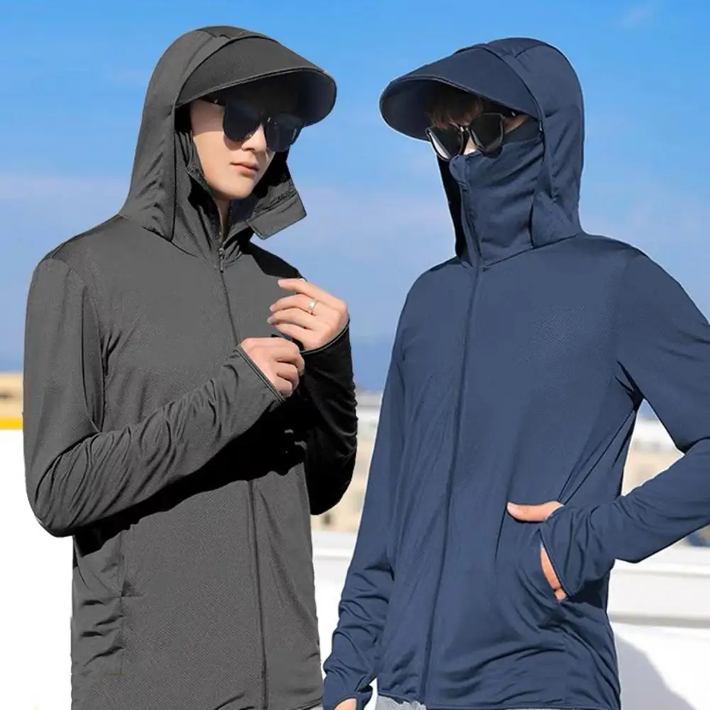 Men Summer Sunscreen Coat Hooded Breathable Pocket Sunscreen Jacket Anti UV Solid Color Long Sleeves Sun Clothing