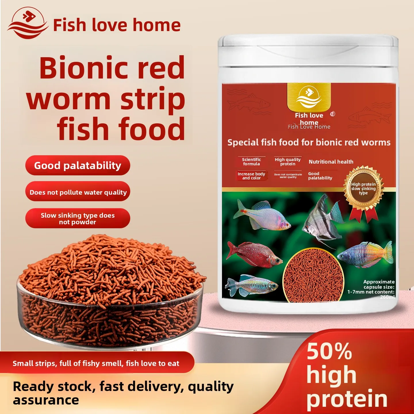 

Fish Love Home Artificial Bloodworm Fish Food - Highly Palatable Sinking Pellets for Bettas,Goldfish,Angelfish & Community Fish