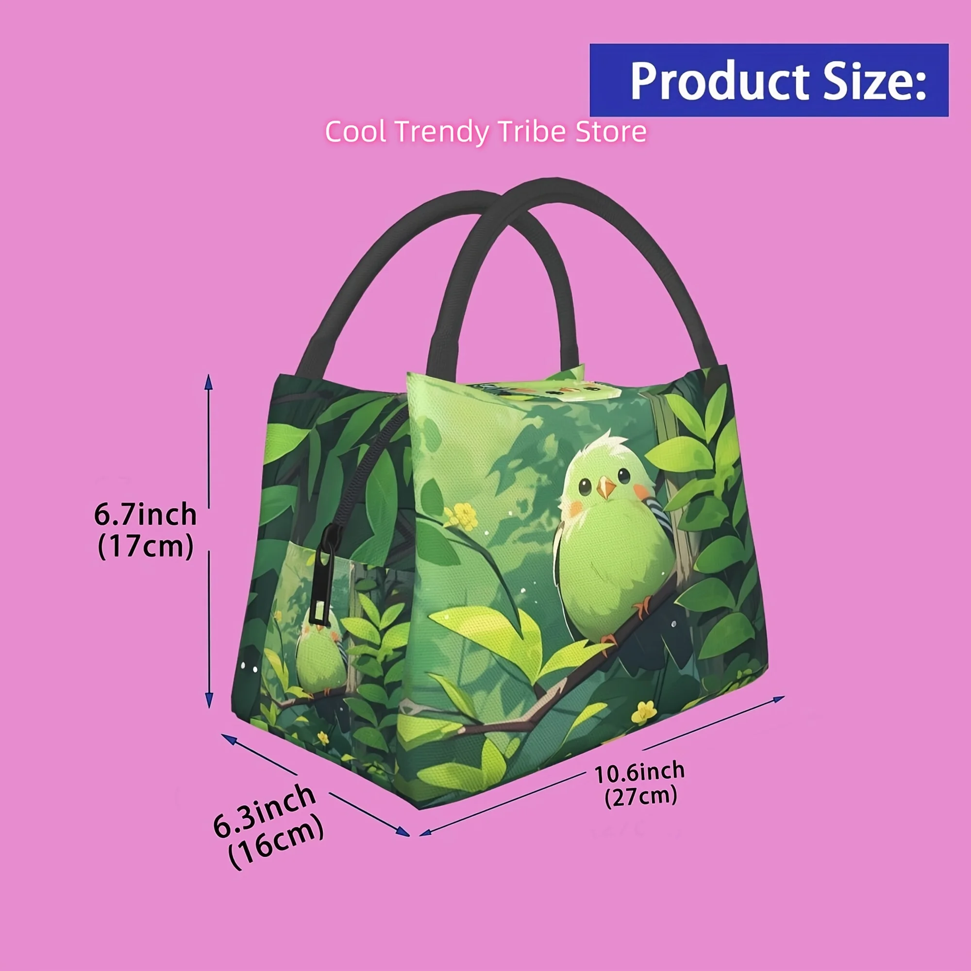 Spring, green bird pattern, portable reusable cold bag, thermal lunch bag, camping picnic beach suitable for home, r