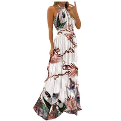 Summer Printed Halter Neck Long Dresses Women Sexy Backless Bohemian Beach Dress Fashion Trendy Vacation Maxi Vestidos Female