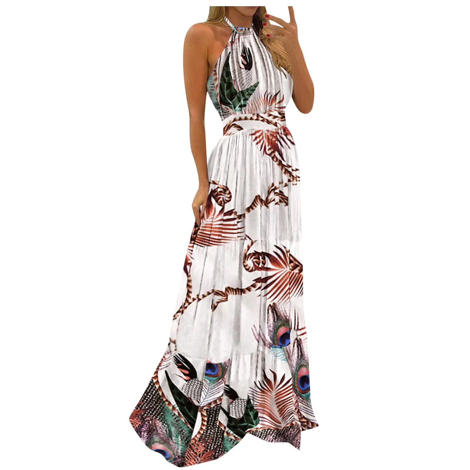 Summer Printed Halter Neck Long Dresses Women Sexy Backless Bohemian Beach Dress Fashion Trendy Vacation Maxi Vestidos Female