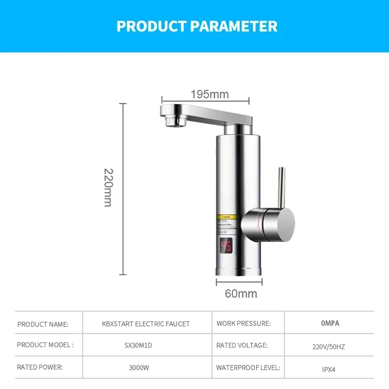 Display Kitchen Tap Flowing Electric Faucet 3000W Electric Tankless Water Heater Faucet with Temperature