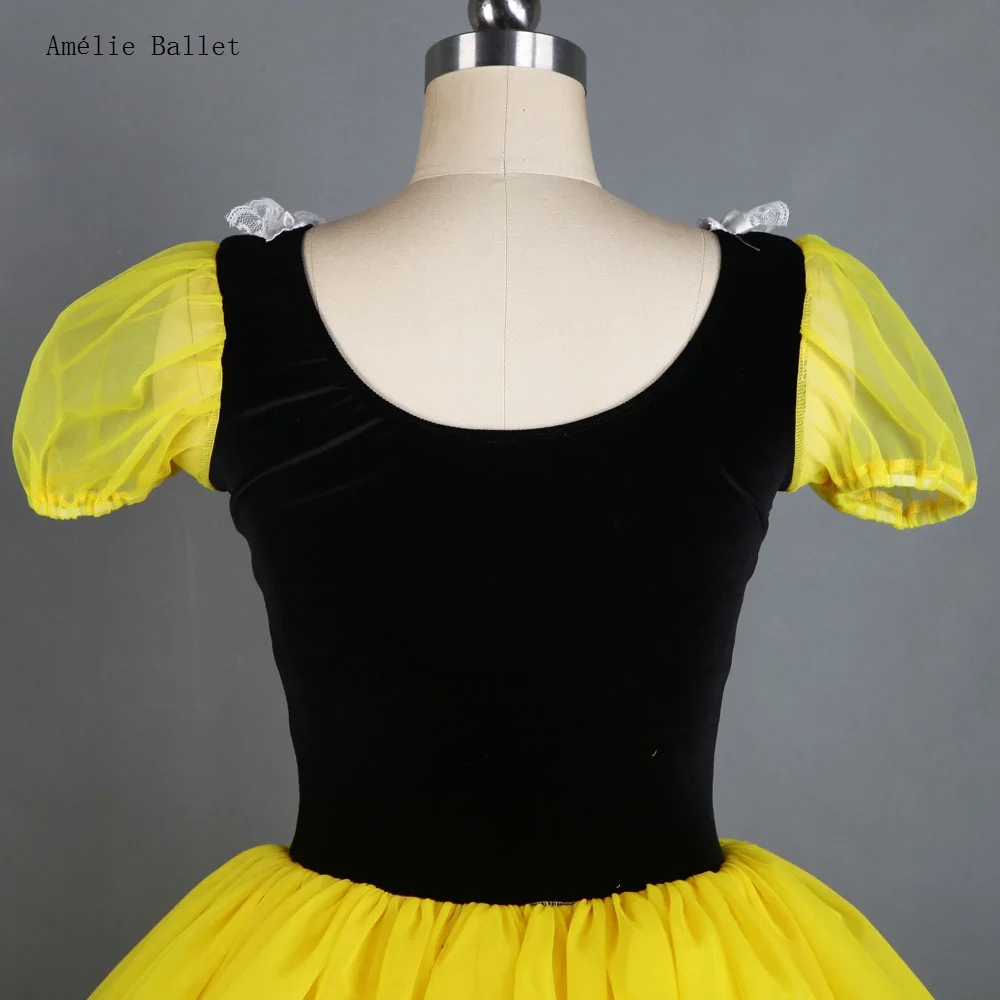 21046 Leotardo de terciopelo elástico negro con mangas abullonadas amarillas adjuntas 5 capas tutú de tul amarillo faldas de baile de Ballet para niños adultos