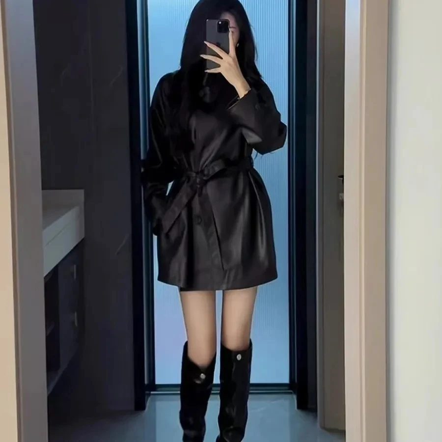 고급 레트로 2025 가죽 재킷 루즈핏 및 허리 조임 스타일 신상 중장기 패션 캐주얼 윈드브레이커 재킷