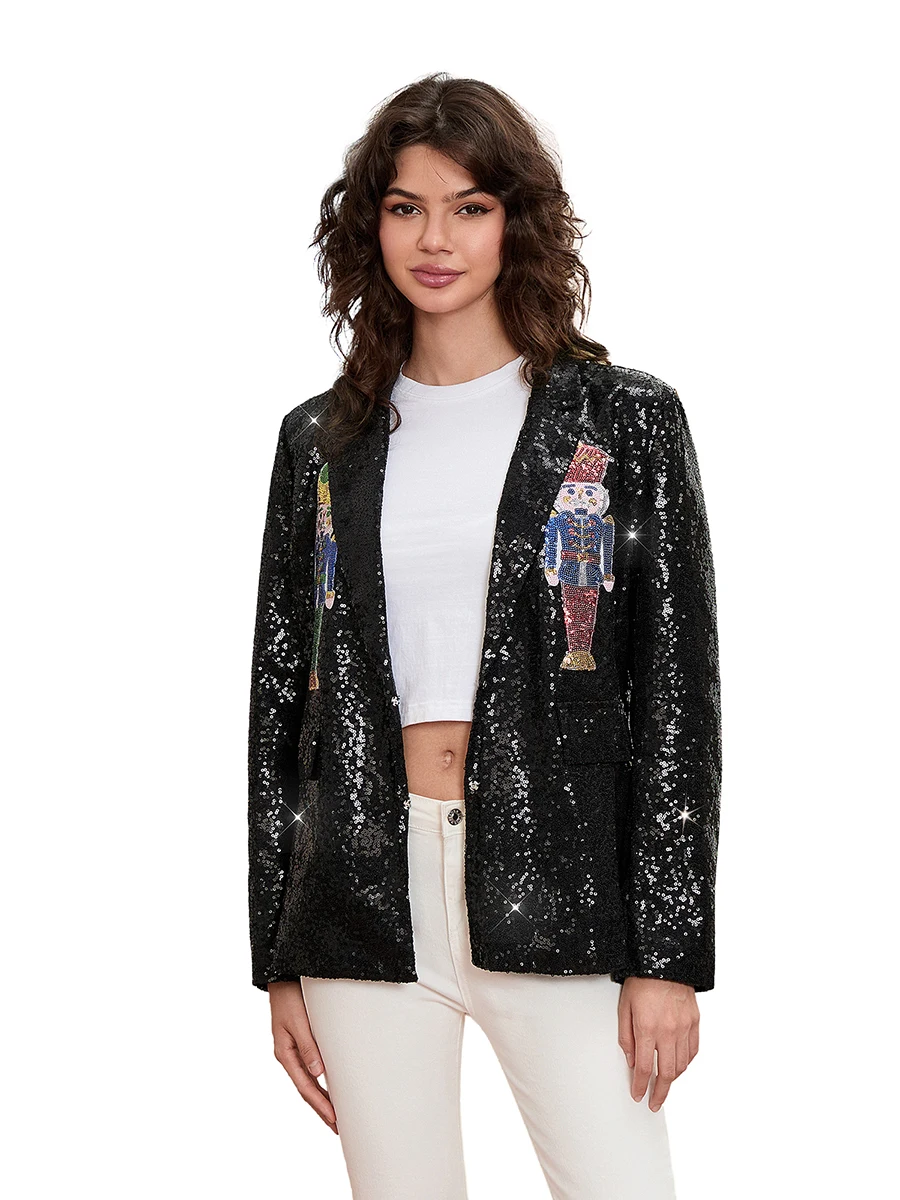 Vestes à paillettes de Noël pour femmes, blazer ouvert sur le devant, veste brillante, manches longues décontractées, manteau de fête de Rotterdam Kly