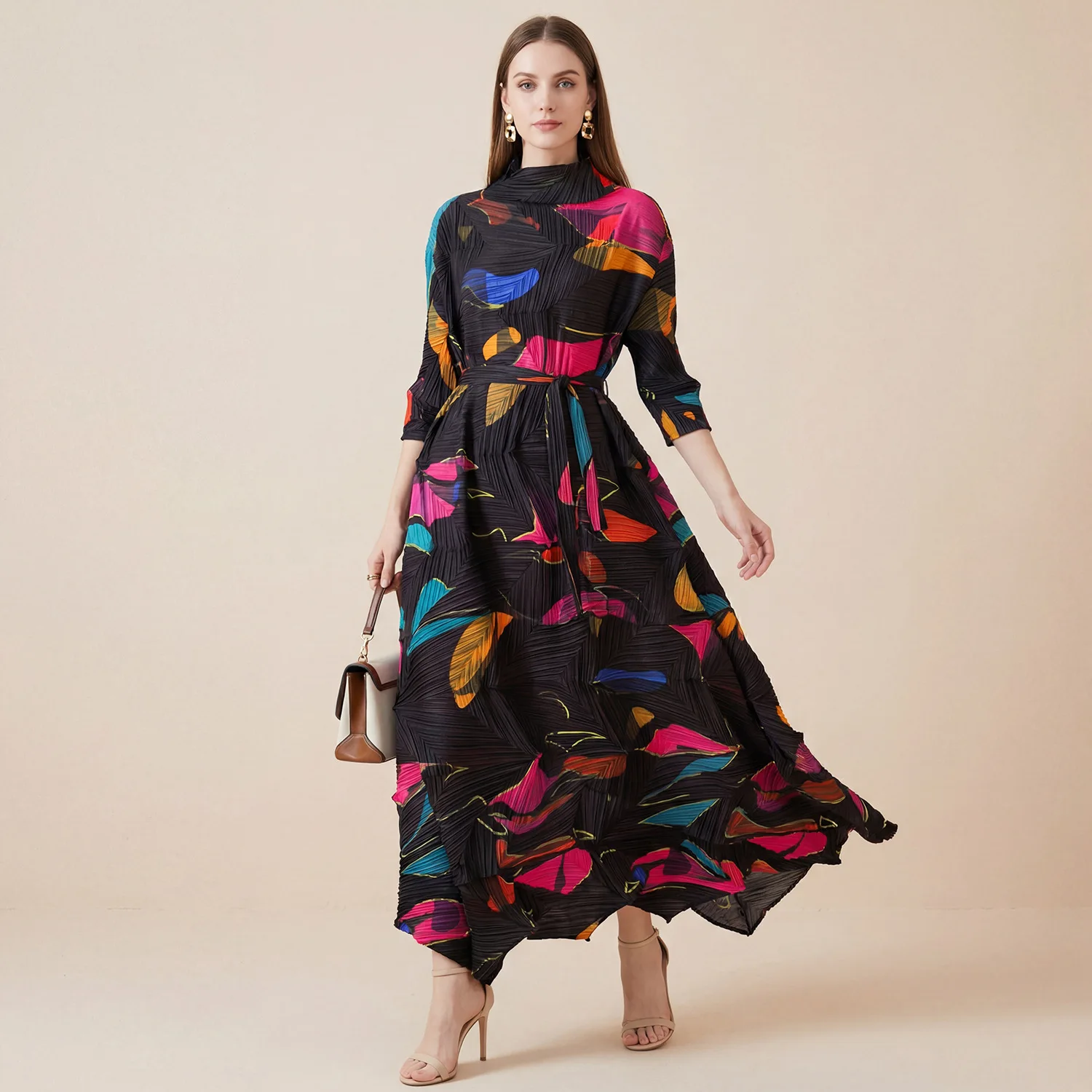 Miyake geplooid 2026 lente en zomer nieuwe mode damesontwerp onregelmatig gevoel voor casual geplooide print stropdas jurken geplooid