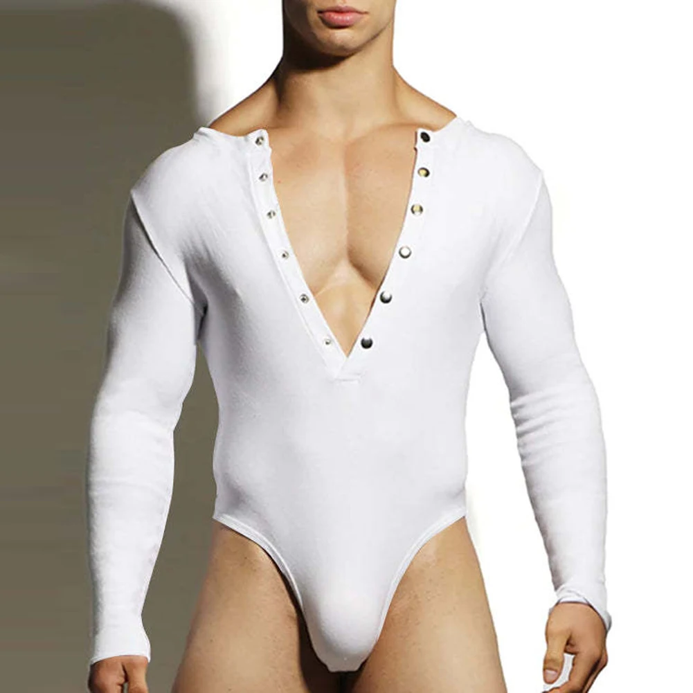 Men Bodysuit V Neck Long Sleeve Button Sexy Pajamas Fitness Underwear Solid Color Bodycon Jumpsuit T-Back Jumpsuit