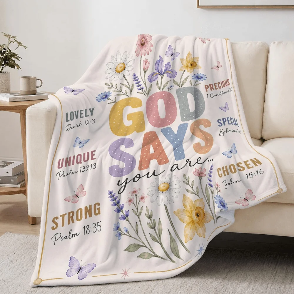 God Says You Are Christian Flannel Throw Blanket, Floral Butterfly Inspirational Bible Quote Design, Soft Lightweight Cozy Bedding Cover for Sofa Couch Bed Bedroom Living Room, Faith Prayer Blanket, Religious Home Decor, Birthday Christmas Holiday Gift