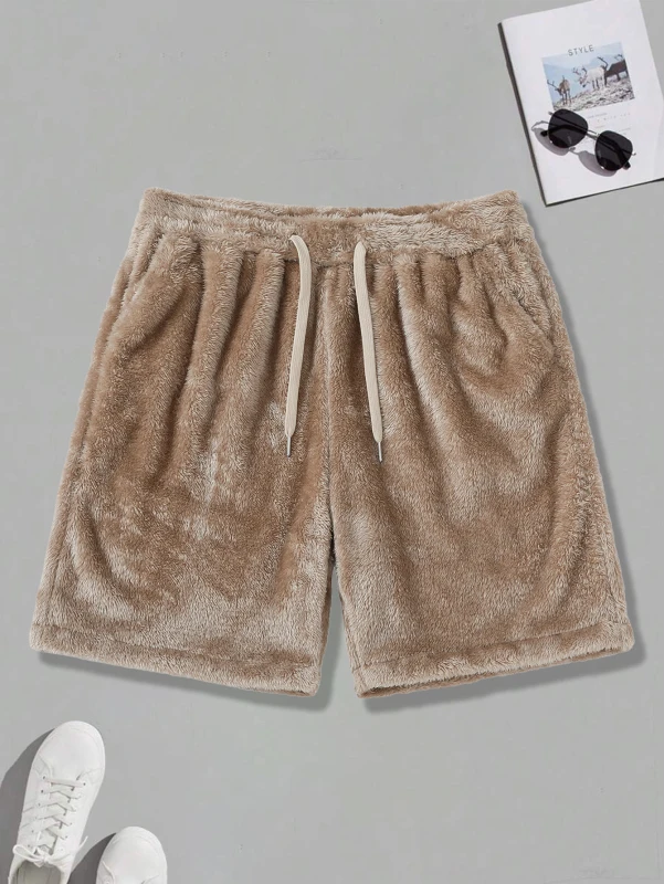 

Men Warm Shorts Casual Five Point Trousers Elastic High Waist Solid Color Straight Shorts Men Loose Sports and Casual Trousers