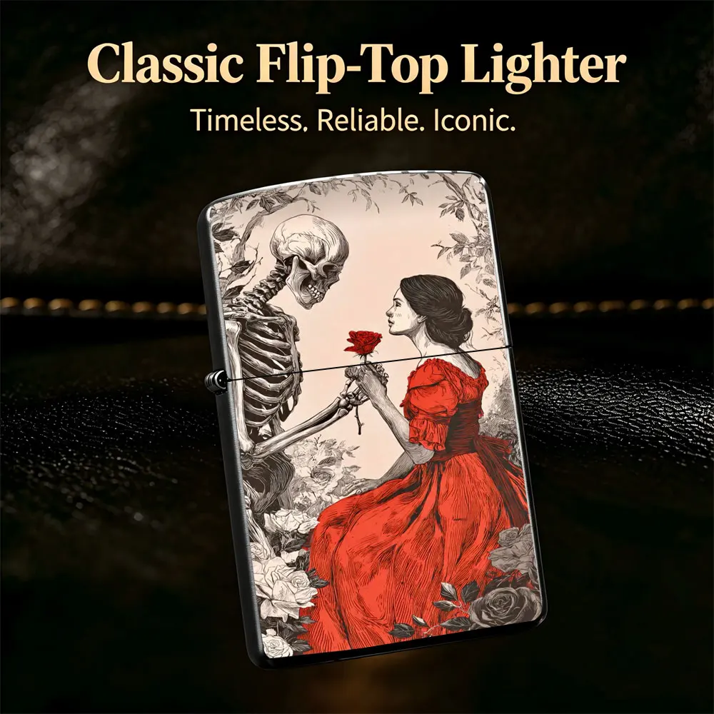 Pocket Lighter, Flip-Open Windproof Design, Metal Case, Red Dress Woman Holding Rose with Skeleton Print, Comfortable Grip, Portable & Durable