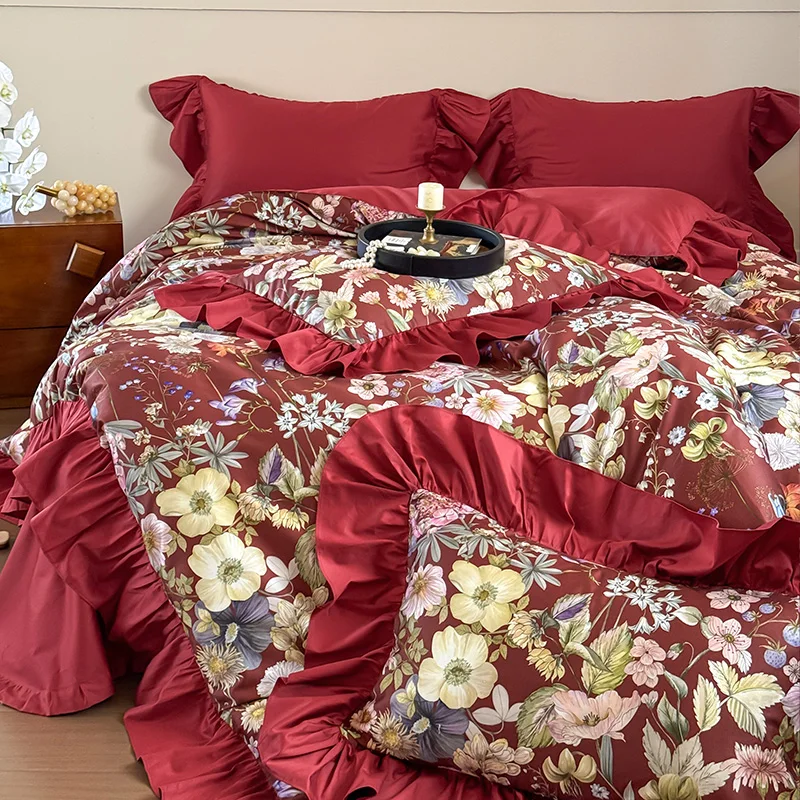 600TC Egyptian Cotton Flowers Print Ruffles Princess Bedding Set Queen King Size Duvet Cover Flat/Fitted Sheet Pillowcases 4Pcs