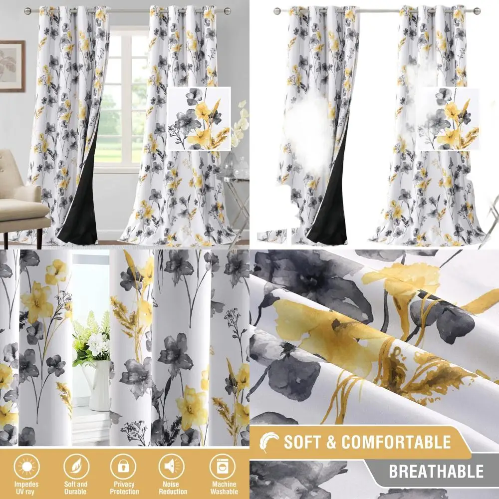 

Плотные шторы Cattleya Floral 108, термоизолированные, серые и желтые, комплект из 2 панелей для спальни