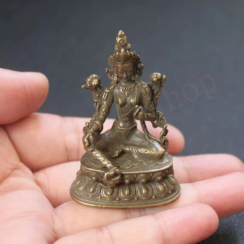 

Pure copper statue of Green Tara Bodhisattva,Tibetan Buddha, mini version, exquisite home religious auspicious tabletop decorati