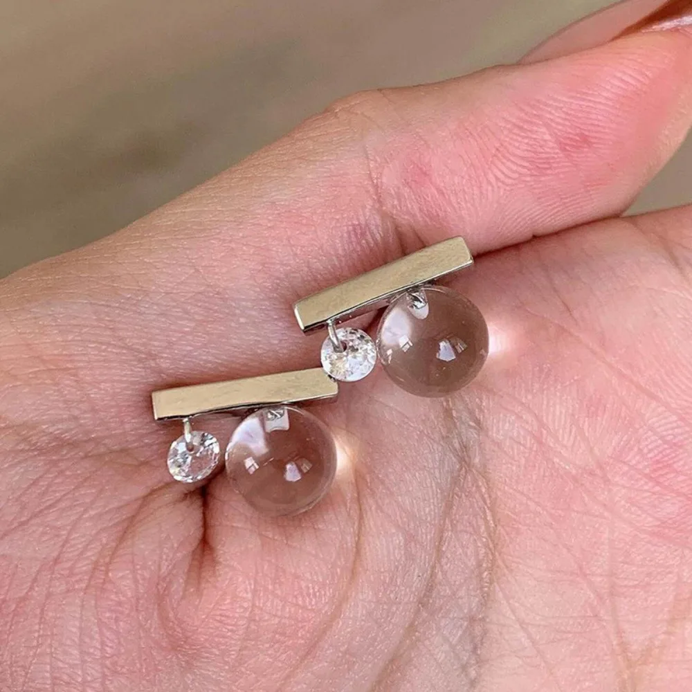 Creative Exquisite 925 Sterling Silver Balance Beam Round Zircon Stud Earrings for Women Minimalist Ins Style Party Jewelry Gift