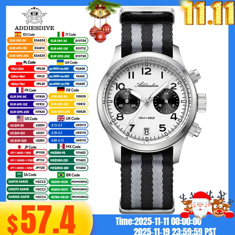 ADDIESDIVE 남성용 시계 크로노그래프 VK64 무브먼트 AD2538 316L 스테인레스 스틸 39mm BGW9 빛나는 100m 방수 쿼츠 시계