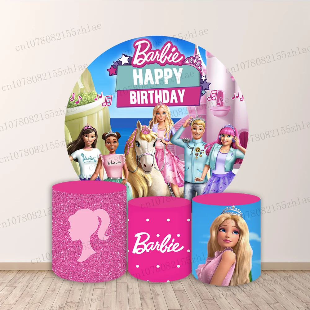 

Barbie Baby Shower Photo Backdrop Birthday Party Photography Backdrop Round&Cylinders Plinth Covers Decoration