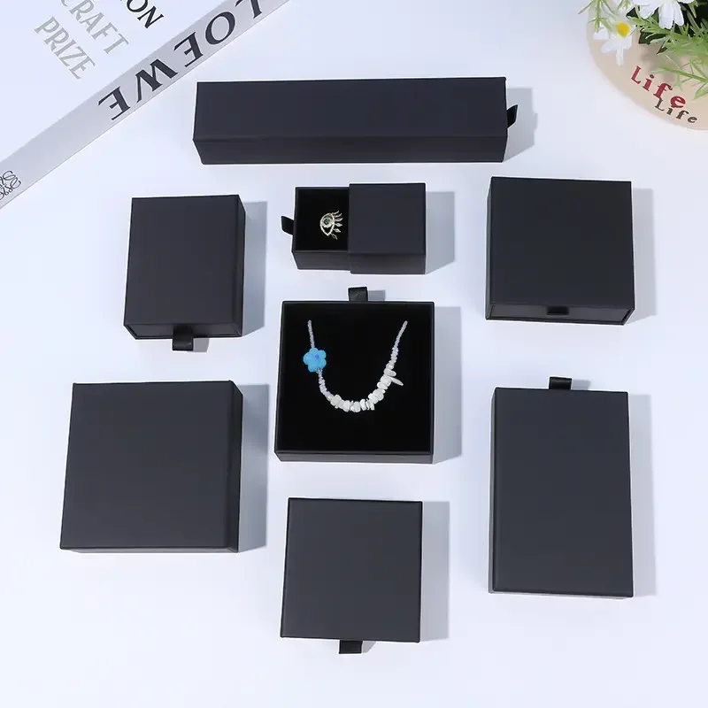 500pcs/Lot Wholesale Custom Logo Printed Drawer Luxury Necklace Ring Bracelet Rigid Box Paper Gift Jewelry Packaging with Ribbon