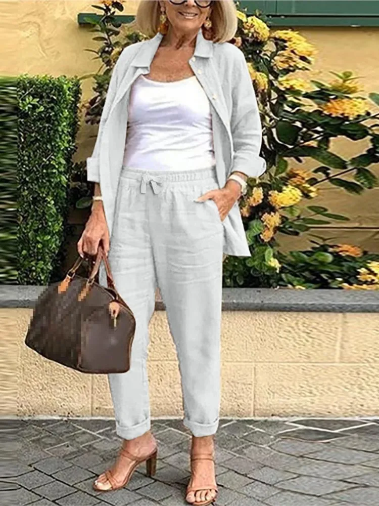 Women Fashion Pocket Cotton Linen Sets Spring Summer Loose Long Sleeve Shirt Long Pants 2 Piece Sets Casual Office Ladies Suit - Image 5