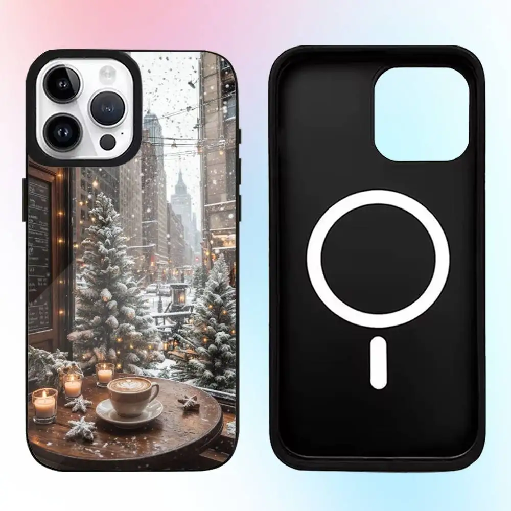 عيد الميلاد الفن الشتاء القهوة حالة الهاتف آيفون 17,16,15,14,13,12,11 زائد، برو ماكس المغناطيسي Magsafe الشحن اللاسلكي