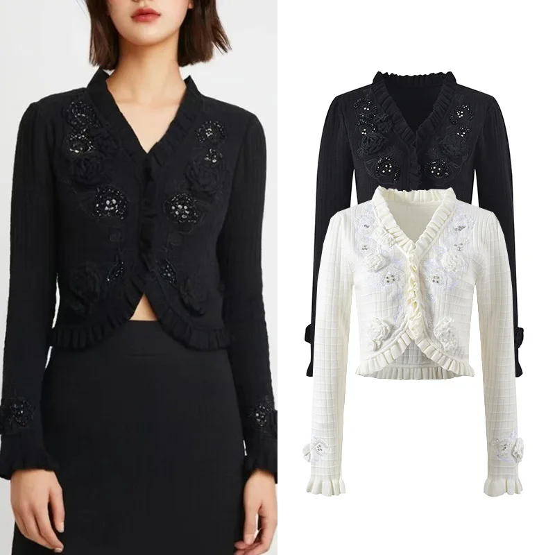 

Ele ort Knitted Cardigan Women's Slim Fit Handmade Embroidery Beaded Open Front Sweater Soft Sle Ice Silk Fabric