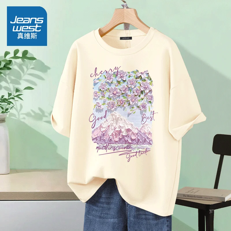 Lady Basics Top Tee Summer Pure Cotton Loose Oil Painting Style Printed T-shirt Women O-neck Short Sleeve Casual Pullover