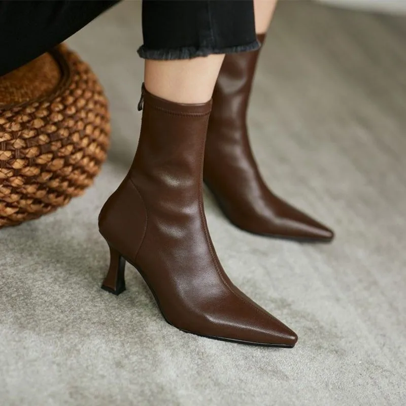 Short Boots Women\'s High Heels Autumn and Winter 2022 New Thin Heel Temperament Zipper Pointed Elastic Slim Boots Women