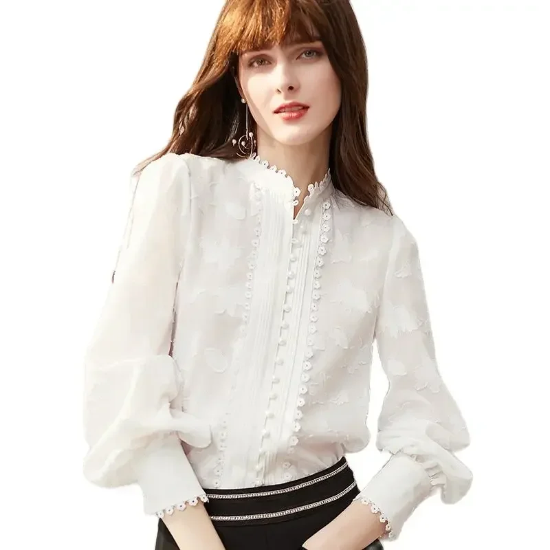 2023 spring and autumn new French design feeling vertical collar Lantern Sleeve Jacquard lace shirt