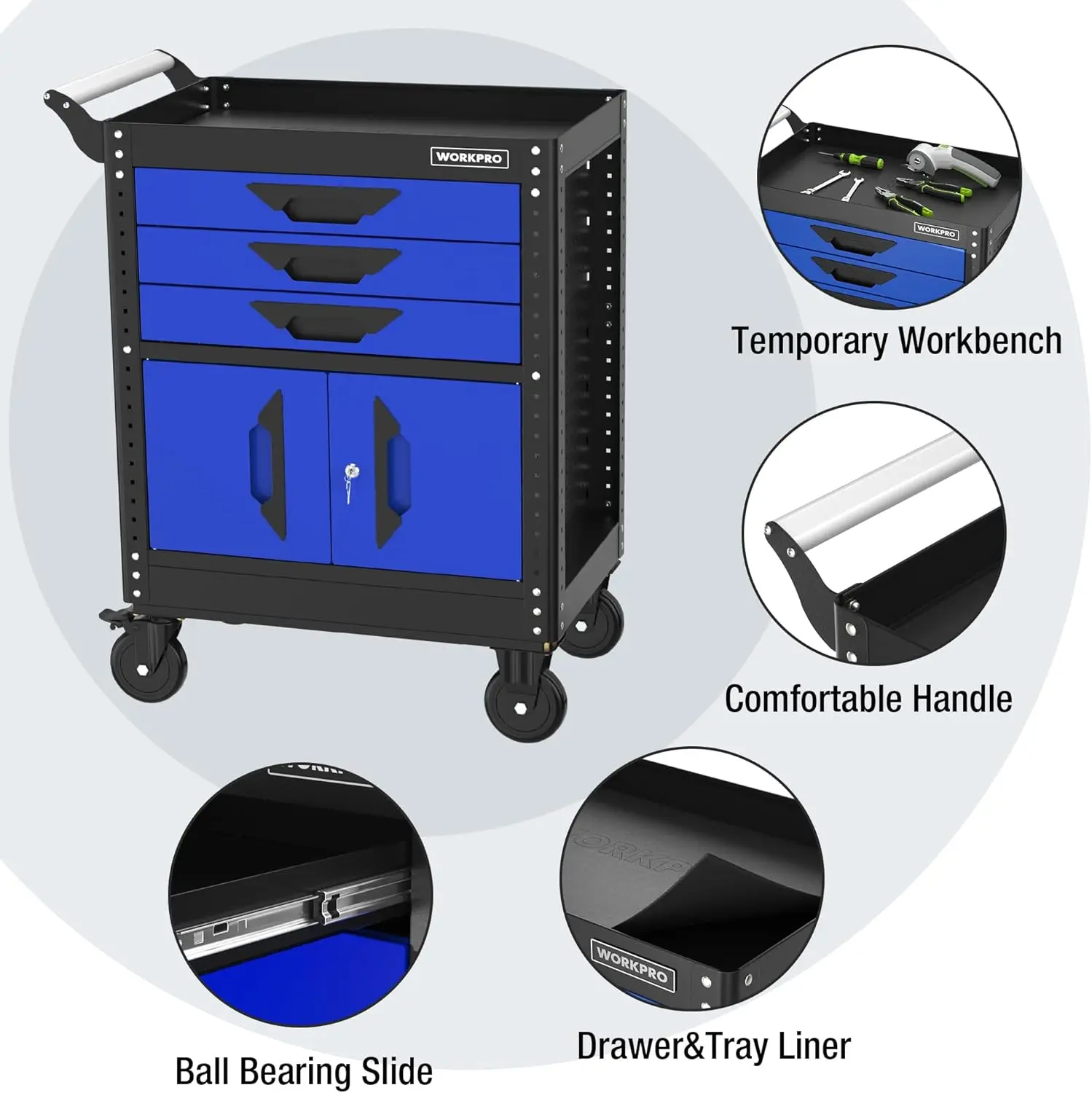 Coffre à outils portable en acier avec roues, armoires à outils en acier, portes de proximité, doublures et système de verrouillage, 27.5 po, 3-MELRolling