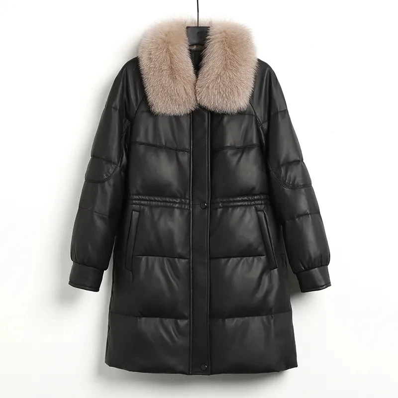 

2023New Winter Pu leather Parkas Women Mid Long Down Cotton Jacket Fur Collar Thick Warm Coat Female Casual Overcoat Ladies Tops