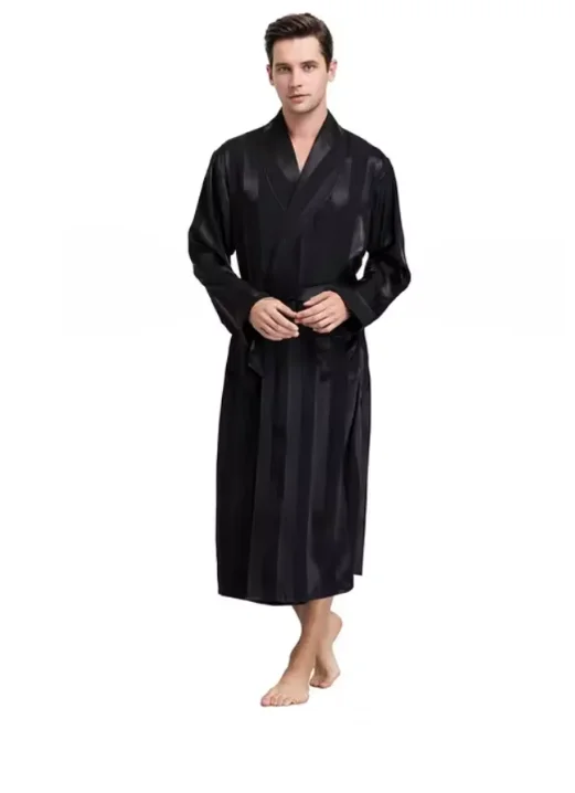 Bata de talla grande 3XL 4XL 5XL para hombre, ropa de dormir, Kimono a rayas azul marino, albornoz con bolsillo, ropa de verano de satén para el hogar, ropa de salón