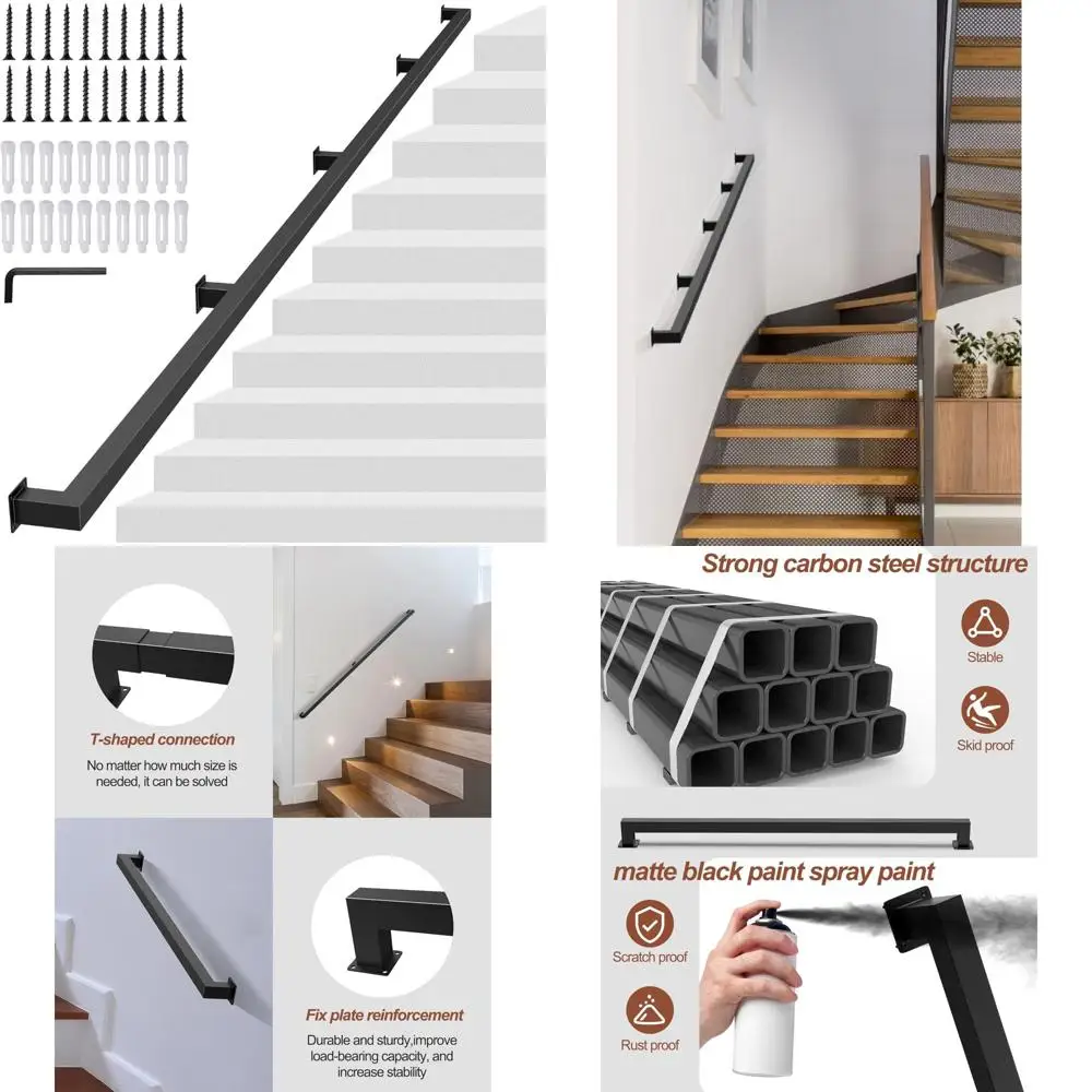 درابزين حديدي بقوة صناعية، أنبوب مربع أسود بطول 10 أقدام، حاجز درج مثبت على الحائط، سعة تحميل 440 رطل، مناسب للاستخدام الداخلي #1