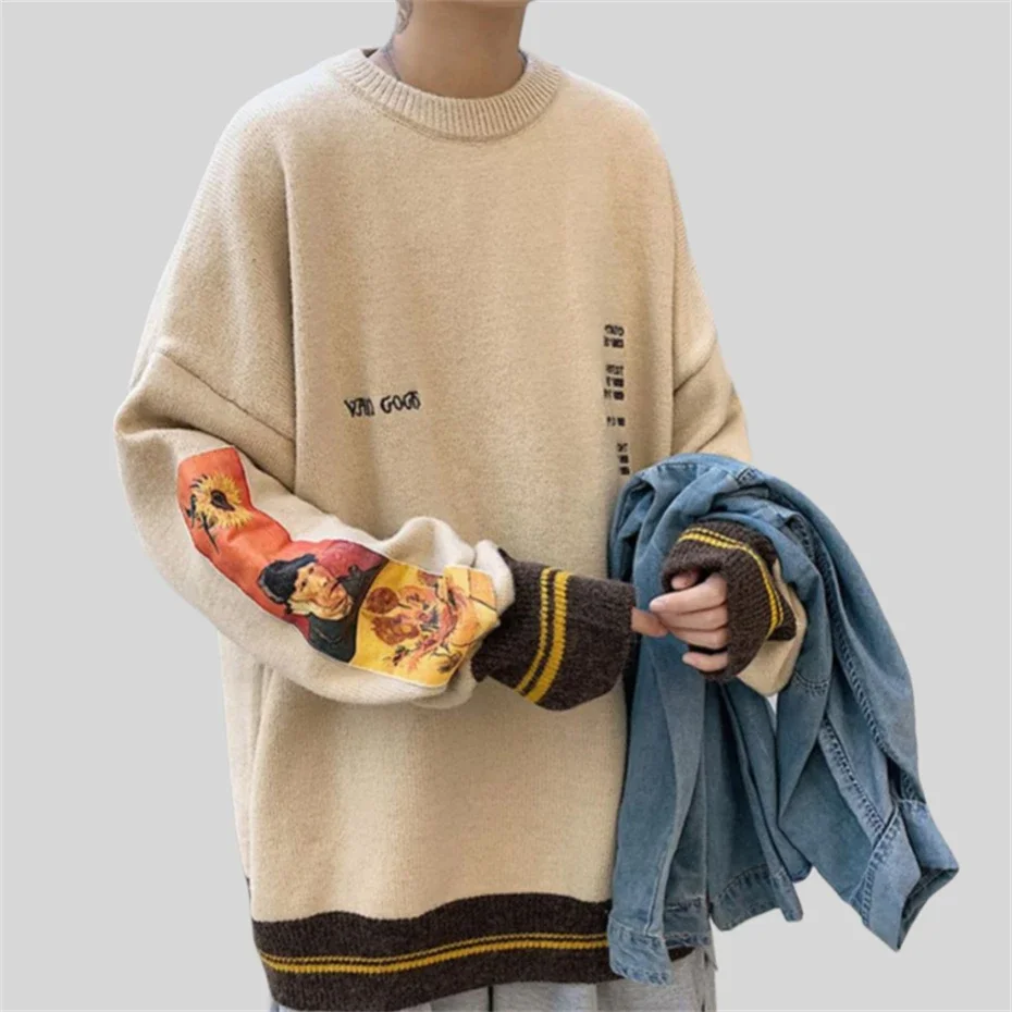 Men Hip Hop Sweater Pullover Streetwear Van Gogh Painting Embroidery Knitted Sweater Retro Vintage Autumn Sweaters Cotton