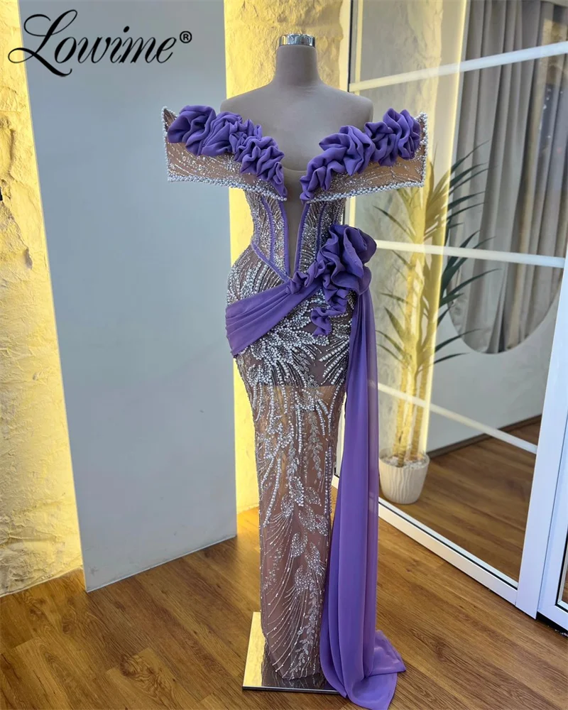 Amazing Purple Mermaid Prom Dresses 2024 Couture Pearls Ruffles Off Shoulder Celebrity Dress Long Glitter Sequined Evening Gowns