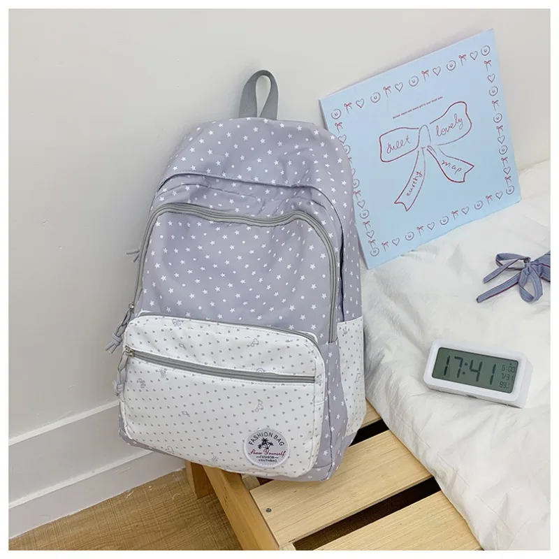 Girls Polka Dot Backpack Color Block School Backpack Lightweight Nylon Multi‑pocket Casual Student Rucksack For Teen Travel