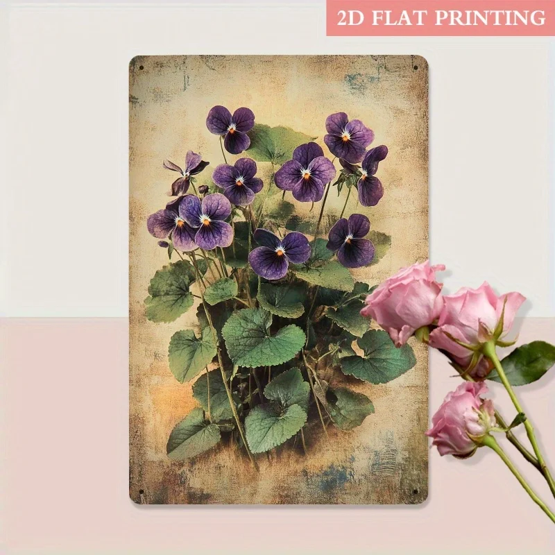 Lila Stiefmütterchen-Blumen-Metallblechschild, 20,3 x 30,5 cm, Vintage-Wanddekoration, Plakette für Schlafzimmer, Büro