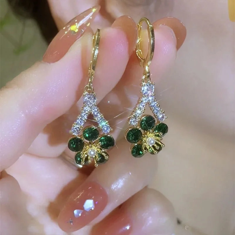 New Summer Luxury Green Crystal Flower Earrings for Women Fashionable Personalized Daily Accessory Party Jewelry Birthday Gifts