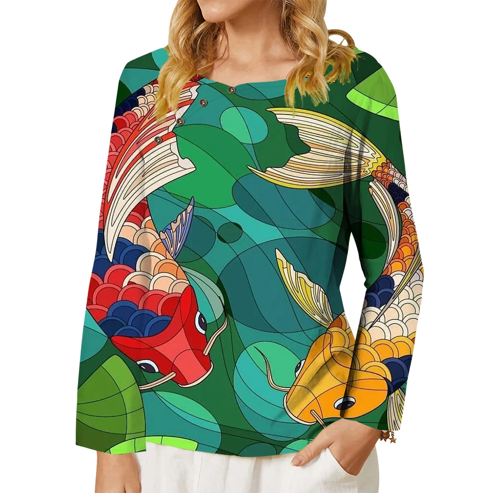 CLOOCL Green Women T-shirt Koi Carp Painting 3D Print Button Decorate Long Sleeve Tee Oversized Aesthetic Tops Chinese Style