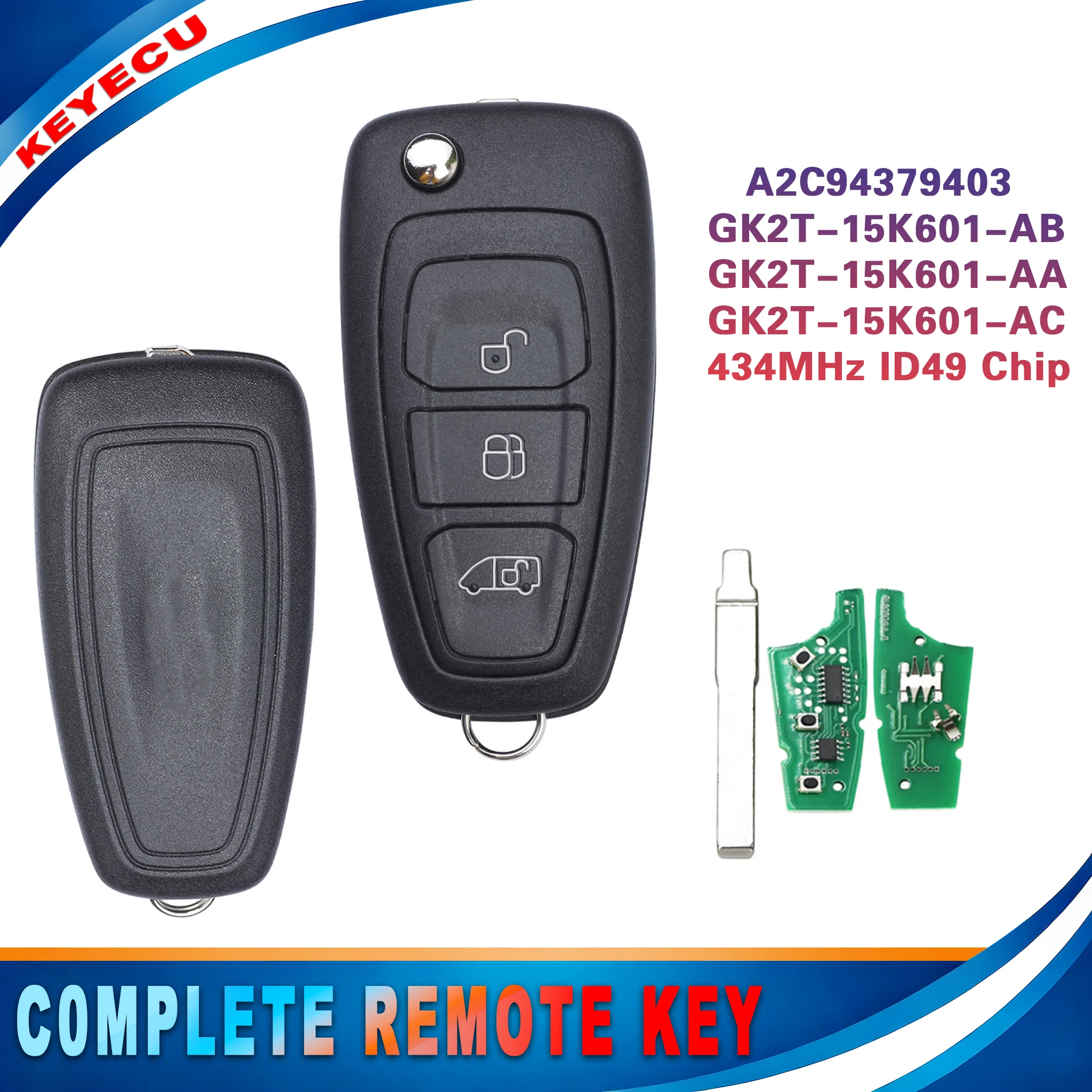 KEYECU for Ford Transit Custom Tourneo Custom 2016-2020 Flip Remote Key Fob A2C94379403 434MHz ID49 Chip GK2T-15K601-AB/AA/AC