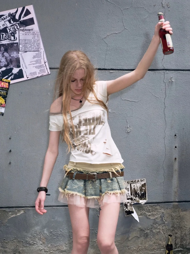 New American Retro Mesh Patchwork Denim Skirts Women Summer All-match Streetwear Y2k Faldas Punk Grunge Clothes 2000s Harajuku
