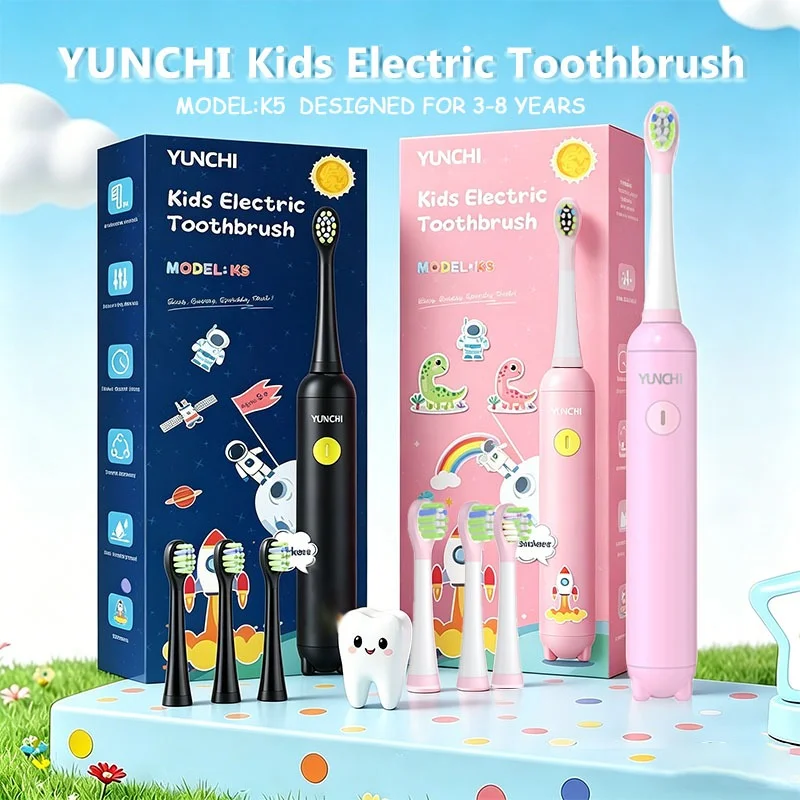 Kids Electric Toothbrush Rechargeable 2 Mins Timer 3 Modes for Ages 6+ Includes 4 Replacement Brush Heads and DIY Stickers