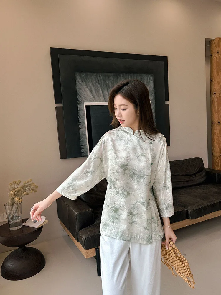 

Шелковая женская рубашка с пуговицами, в китайском стиле, приталенная, с ощущением прохлады, рукава 3/4, традиционная вышивка